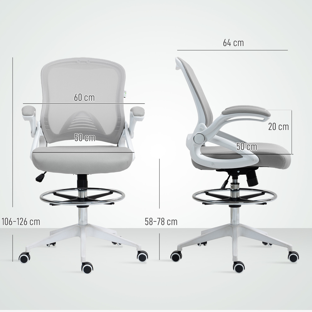 Vinsetto Drafting Chair with Flip-up Armrest, Mesh Office Stool with Foot Ring, 360 Degree Swivel Height Adjustable Chair for Standing Desk, Light Grey