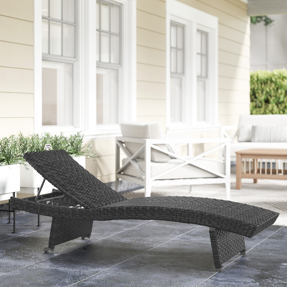 Outsunny Outdoor PE Rattan Sun Lounger, Folding Wicker Garden Lounger Recliner with 4-Level Adjustable Backrest, Rolling Sunbed Lounge Chair with Wheels, Non-Slip Legs for Balcony, Beach, Black