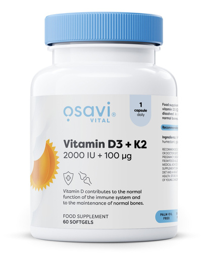 Osavi Witamina D3 + K2 2000 IU + 100 mcg Na Zdrowe Kości i Odporność 60 Kapsułek