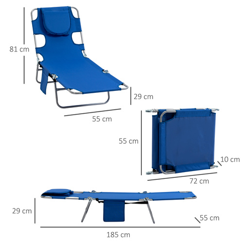 Outsunny 2 Pieces Foldable Sun Lounger with Reading Hole, Portable Sun Lounger with 5 Level Adjustable Backrest, Reclining Lounge Chair with Side Pocket, Headrest Pillow, Blue