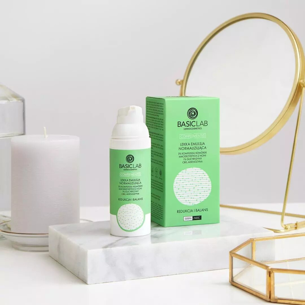 BasicLab Light Normalizing Emulsion with 3% Noni Stem Cell Complex 1% Glycyrrhizin Reduction and Balance for Problematic Skin Day and Night 50ml