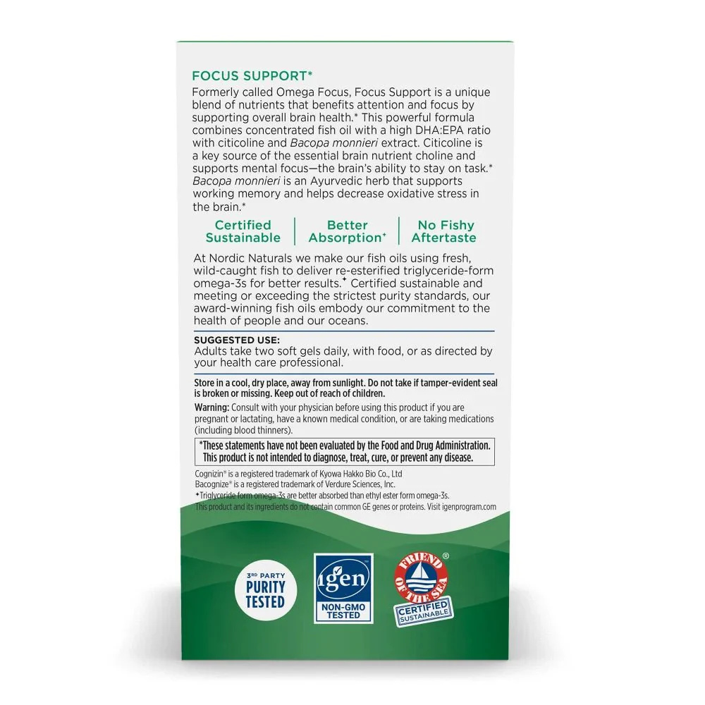 Nordic Naturals Focus Support Bacopa Monnieri Extract Supports Memory and Concentration 60 Capsules