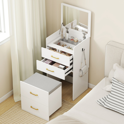 HOMCOM Compact Dressing Table and Stool Set, with Storage - White