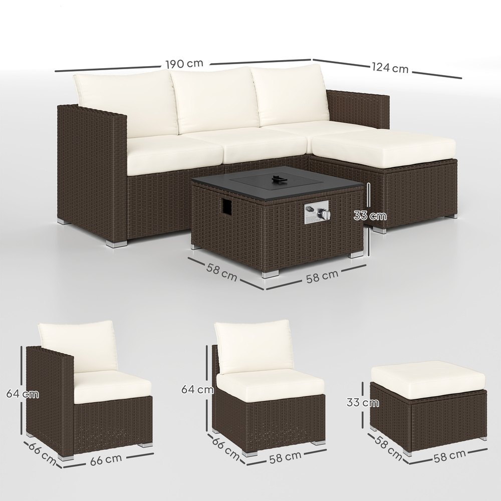 Outsunny Five Piece Rattan Garden Furniture Set with Gas Fire Pit Table and Footstool - Brown and Cream White