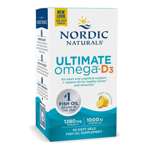 Nordic Naturals Ultimate Omega-D3 Fish Oil 1280mg Wspiera Organizm Układ Odpornościowy Serce i Mózg Smak Cytrynowy 60 Kapsułek