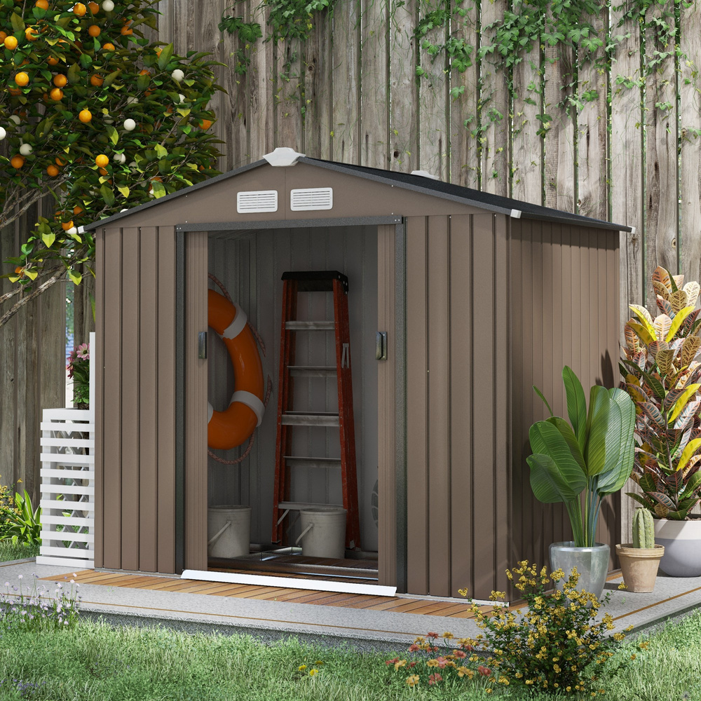 Outsunny 7 x 4ft Metal Garden Shed, Outdoor Storage Tool House with Ventilation Slots, Brown