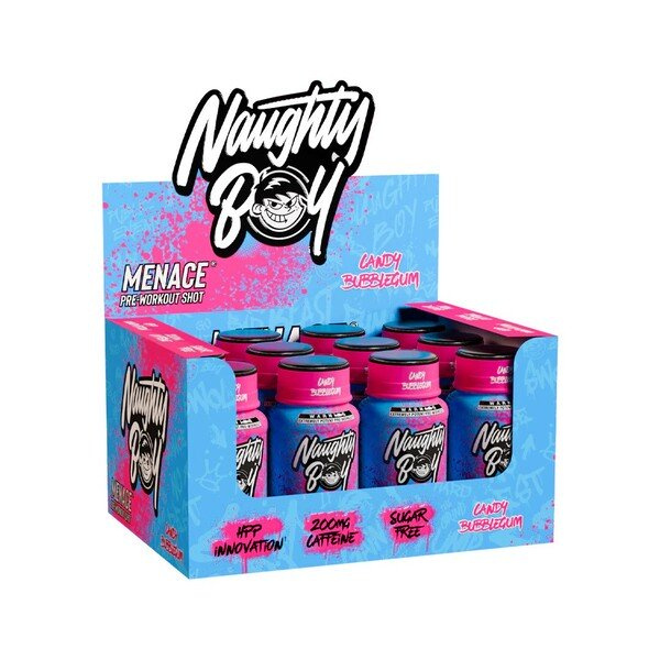 Naughty Boy Menace Pre-Workout Shot Candy Bubblegum for Workout Performance 12 x 60 ml
