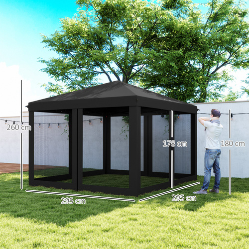 Outsunny 3 x 3 m Pop Up Gazebo, 420D Garden Tent Canopy with Removable Mesh Sidewall Netting, Carry Bag for Garden Patio Outdoor, Black