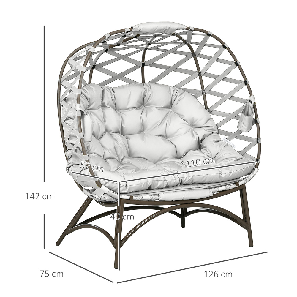 Outsunny 2 Seater Egg Chair Outdoor, Folding Weave Garden Furniture Chair with Cushion, Cup Pockets - Light Grey